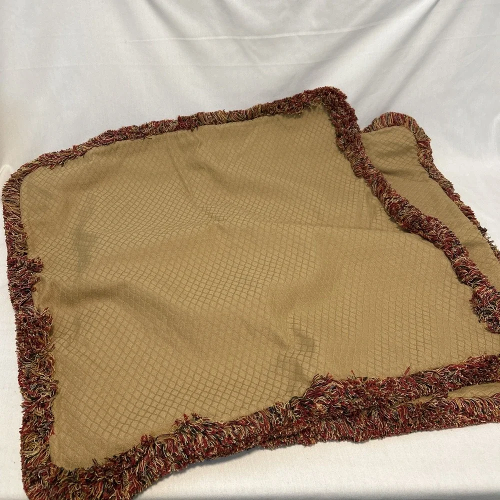 Custom Made Queen Bedskirt and 4 Shams Gold Green Red Stripe Tassel Fringe 1399